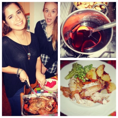 (left) Sorcha and I carving the chicken (top) Mulled wine, with crumble behind(bottom) Now isn't that a fiiiiiiiiine plate of food?!